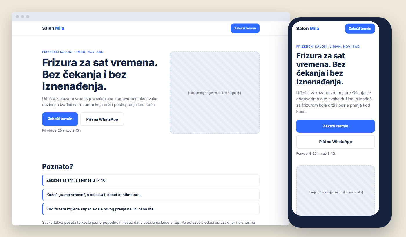 Primer sajta napravljenog po priručniku, na računaru i telefonu